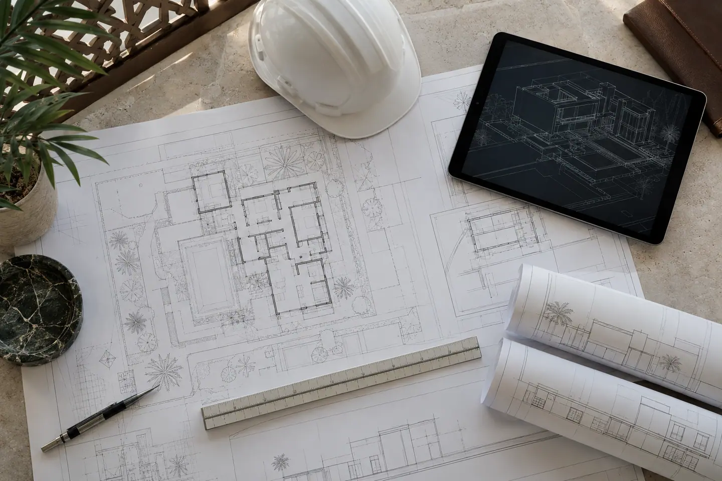 مكتب هندسي عليه رسومات ونموذج