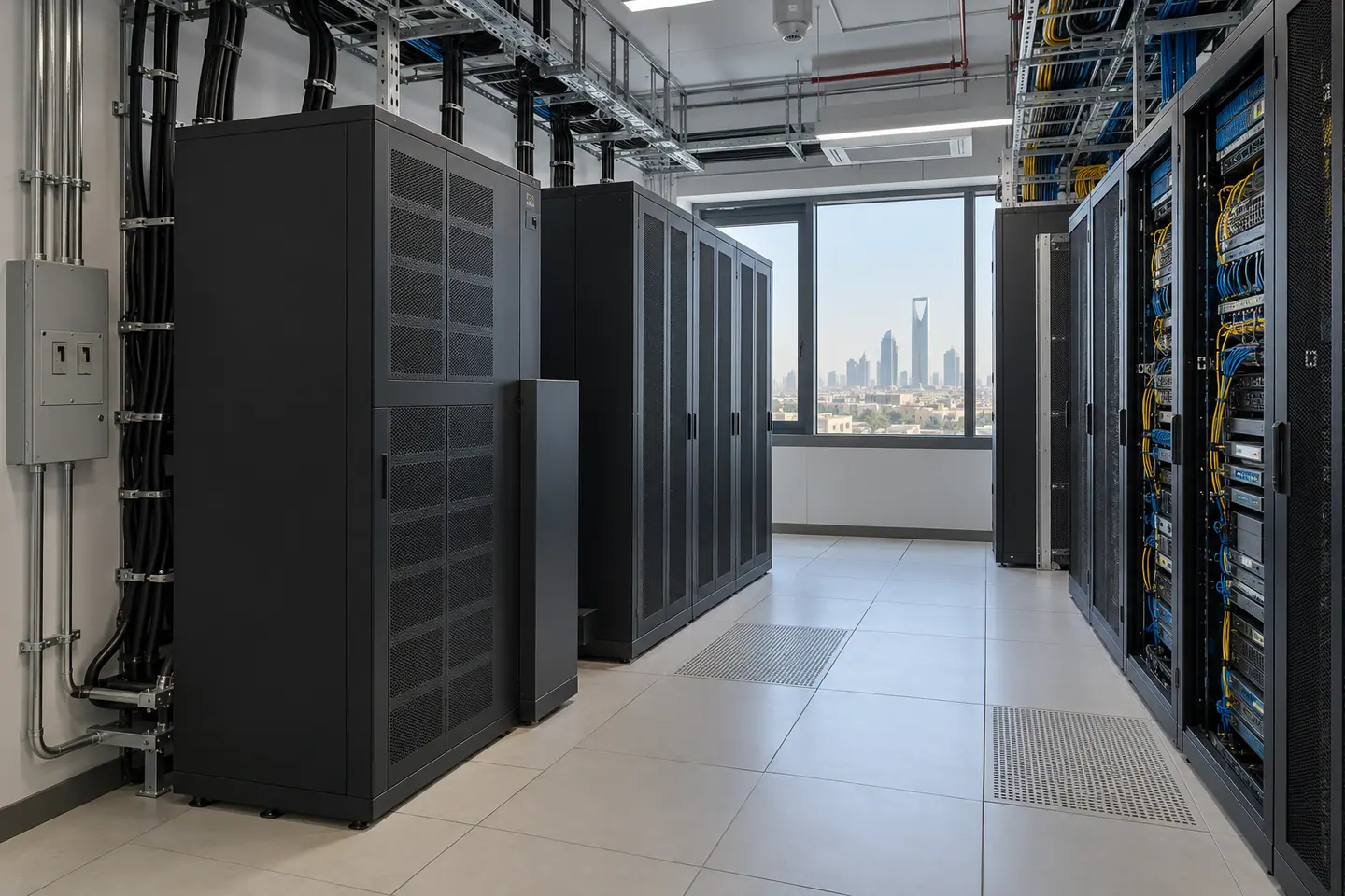غرفة خوادم فيها كبائن UPS معيارية ورفوف شبكات