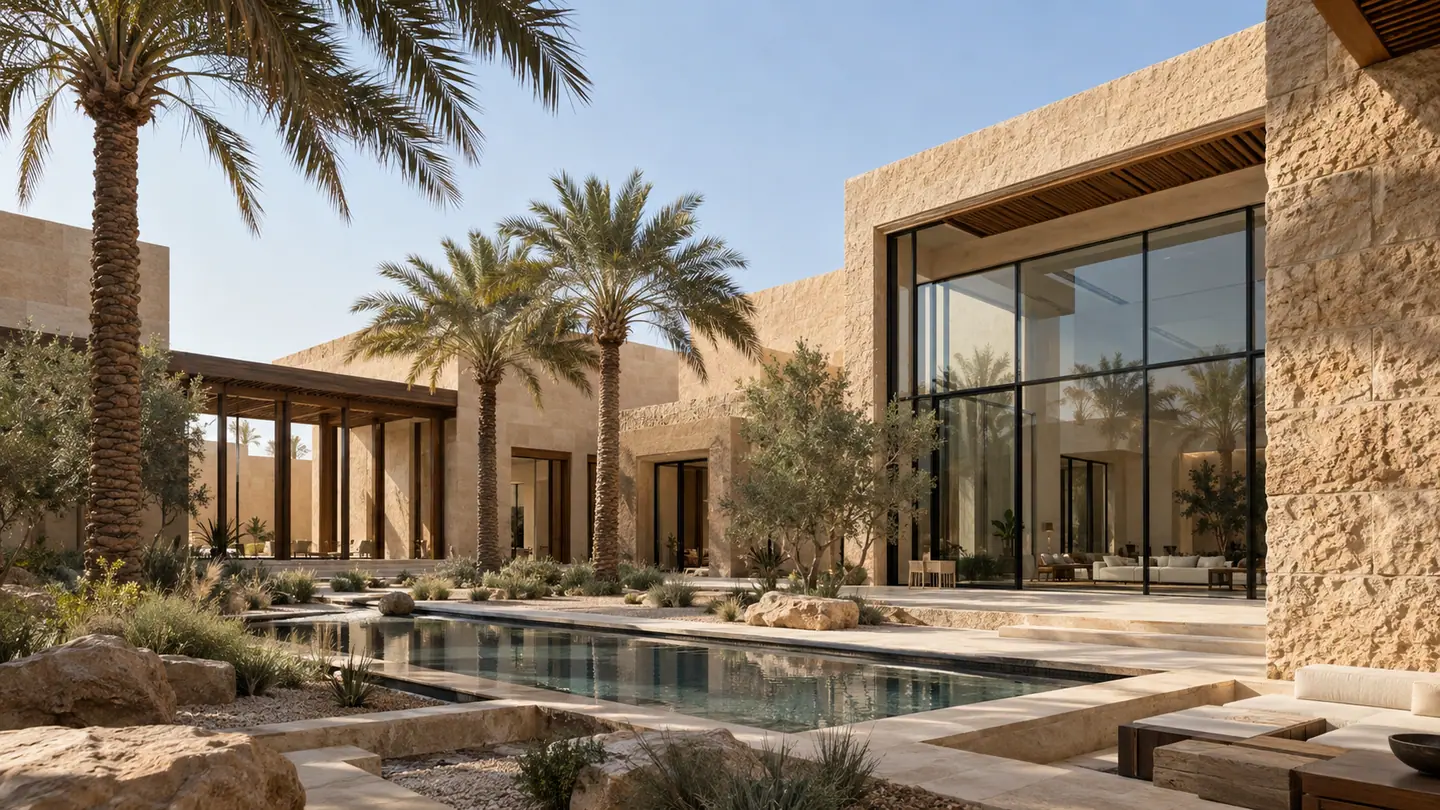 فيلا في الرياض بزجاج من الأرض إلى السقف حول فناء